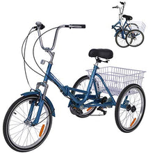Load image into Gallery viewer, MOPHOTO Adult Folding Bike Tricycle 7 Speed 20 Inch Three Wheel Bike Cruiser Trike with Low-Step Through Frame/Large Basket/Adjustable Seat (Cool Blue, 20" Folding 7-Speed)
