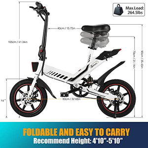 Electric Bike, Sailnovo Electric Bicycle with 18.5mph 45Miles Electric Bikes for Adults Teens E Bike with Pedals, 14" Waterproof Folding Mini Bikes with Dual Disc Brakes, 36V 10.4Ah Battery