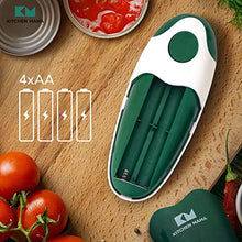 Load image into Gallery viewer, Kitchen Mama Electric Can Opener 2.0: Upgraded Blade Opens Any Can Shape - No Sharp Edge, Food-Safe, Handy with Lid Lift, Battery Operated Handheld Can Opener (Army Green)
