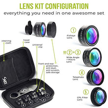Load image into Gallery viewer, 5 in 1 Phone Camera Lens Kit - Optical Glass Attachment Set - 2X Zoom Telephoto, 198 Fisheye, 0.63X Wide Angle, 15X Macro, CPL Filter with Universal Clip Adapter for Cell Phones and Tablets (Black)
