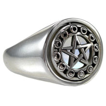 Load image into Gallery viewer, Sterling Silver Moon Phases Rotating Flip Pentacle Ring with Rainbow Moonstone Size 7
