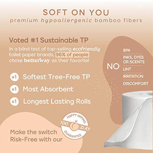 Betterway Bamboo Toilet Paper 3 PLY - Eco Friendly, Sustainable Toilet Tissue - 12 Double Rolls & 360 Sheets Per Roll - Septic Safe - Organic, Plastic Free, Compostable & Biodegradable - FSC Certified