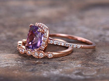 Load image into Gallery viewer, 2pcs Amethyst wedding ring set!8mm Cushion Engagement ring,petite rose gold plated,925 sterling silver stacking CZ Bridal ring,matching band,Women Halo ring,Man Made diamond CZ ring,any size
