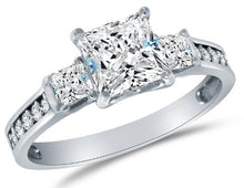 Load image into Gallery viewer, Size 4 - Solid 925 Sterling Silver CZ Cubic Zirconia 3 Three Stone Engagement Ring - Princess Cut Solitaire with Round Side Stones (1.75cttw, 1.5ct. Center) - with Elegant Ring Box
