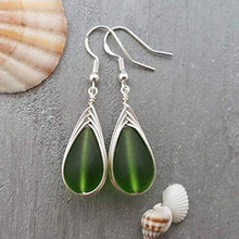Load image into Gallery viewer, Handmade jewelry from Hawaii, wire braided Emerald sea glass earrings,"May Birthstone", (Hawaii Gift Wrapped, Customizable Gift Message)
