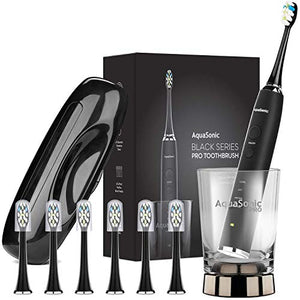 AquaSonic Black Series PRO Ultra Whitening 40,000 VPM Rechargeable Electric Toothbrush w/Revolutionary Wireless Charging Glass, 6 Adaptive Proflex Brush Heads & Travel Case - 4 Modes w Smart Timer