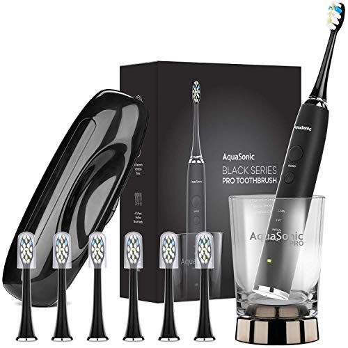 AquaSonic Black Series PRO Ultra Whitening 40,000 VPM Rechargeable Electric Toothbrush w/Revolutionary Wireless Charging Glass, 6 Adaptive Proflex Brush Heads & Travel Case - 4 Modes w Smart Timer