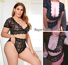 Load image into Gallery viewer, Plus Size 2 Piece Lingerie Set for Women Sexy Deep V Allover Lace Bra and Panty High Waist Nightwear Clubwear (T005,Black,2XL)
