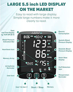 All New 2022 LAZLE Blood Pressure Monitor - Automatic Upper Arm Machine & Accurate Adjustable Digital BP Cuff Kit - Largest Backlit Display - 200 Sets Memory, Includes Batteries, Carrying Case