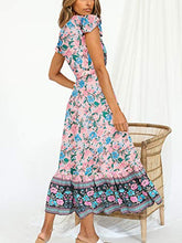 Load image into Gallery viewer, TEMOFON Women's Wrap Dresses Bohemian Floral Printed Summer Casual Short Sleeve V-Neck High Split Maxi Dress Wine Red S
