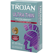 Load image into Gallery viewer, Trojan Condom Sensitivity Ultra Thin Spermicidal, 12 Count (Packaging May Vary)
