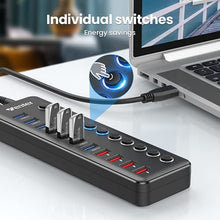 Load image into Gallery viewer, Powered USB 3.0 Hub, Wenter 11-Port USB Data Hub Splitter with 4 Smart Charging Ports and Individual LED On/Off Switches and 12V/3A Power Adapter USB Extension for Mac,Windows,Chrome &amp; Linux OS
