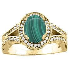 Load image into Gallery viewer, 14k Yellow Gold Diamond Halo Genuine Malachite Ring Split Shank Oval 8x6mm, size 5

