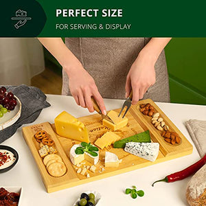 Unique Bamboo Cheese Board, Charcuterie Platter and Serving Tray for Wine, Crackers, Brie and Meat. Large and Thick Natural Wooden Server - Fancy House Warming Gift & Perfect Choice for Gourmets