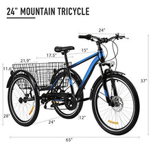 Load image into Gallery viewer, Viribus 7 Speed Mountain Tricycle with Adjustable Handlebars and Seat Three-Wheel Adult Bicycle for Men and Women Complete Beach Cruiser Trike with Basket Lights Bell for Adults (Blue1, 24inch)
