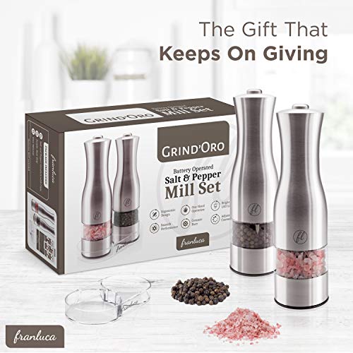 Load image into Gallery viewer, Grind'Oro Electric Salt and Pepper Grinder Set (2 Mills) Battery Operated, Stainless Steel with Light - One Touch Automatic Salt Grinder Mill Adjustable Coarseness, Franluca's Kitchen Power Shaker Set