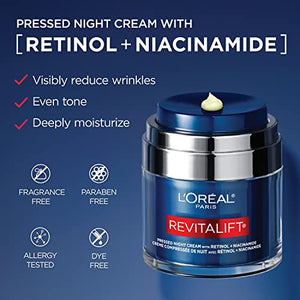 L'Oreal Paris Revitalift Pressed Night Cream with Retinol, Niacinamide, Visibly Reduce Wrinkles, Hydrate for Face, Under Eye, Neck, Chest, Dermatologist tested + Hyaluronic Acid Serum Sample