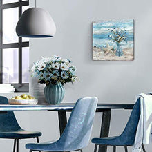Load image into Gallery viewer, Bathroom Decor Wall Art Blue Beach Picture Ocean Theme Flower Canvas Print Modern Coastal Seascape Painting Framed Seaside Artwork Floral Daisy in Indian Vase for Home Sea Lake Bedroom 14x14inch
