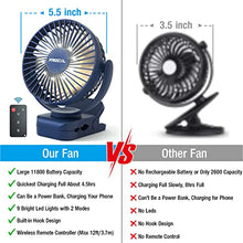 Load image into Gallery viewer, Clip on Fan 65 Hours Portable Desk Fan Rechargeable with LED Lights &amp; Hooks 11800 Capacity Battery Operated Fan with Clips Small Desk Fan Mini Fans for Tents Travel Outdoor Camping Golf Cart Emergency
