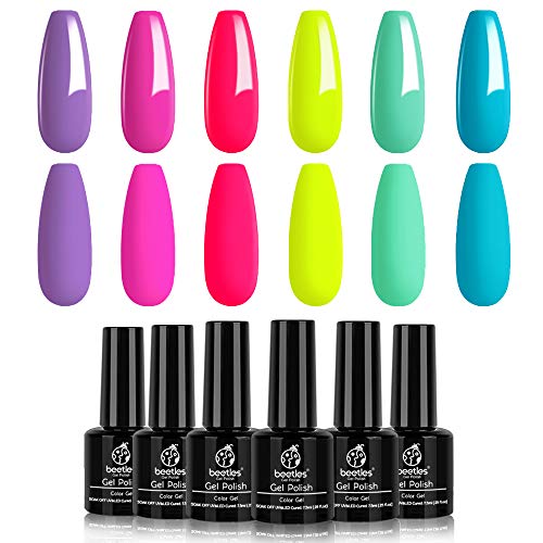 Beetles Gel Nail Polish Set, Forever Young Collection Turquoise Purple Blue Neon Yellow Gel Polish Hot Pink Gel Nail Lacquer Kit Nail Art Manicure, 7.3ml Each Bottle