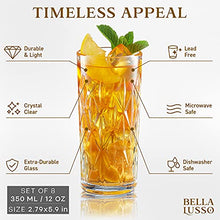 Load image into Gallery viewer, Highball Water Glasses - Tall Drinking Glass Set of 8, 12 oz - Premium Gift Box - Hurricane Crystal Glassware - Vintage Bar Rock Cups - For Cocktails, Mixed Drinks, Juice, Beer, Whiskey on Kitchen
