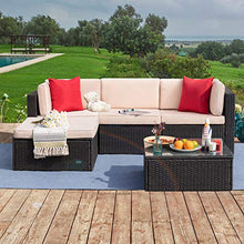 Load image into Gallery viewer, Tuoze 5 Pieces Patio Furniture Sectional Outdoor PE Rattan Wicker Lawn Conversation Cushioned Garden Sofa Set with Glass Coffee Table (Beige)
