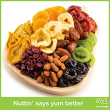 Load image into Gallery viewer, Christmas Gift Basket Holiday Mixed Dried Fruit &amp; Nuts in Reusable Wooden Pear Tray + Ribbon (9 Assortments) Gourmet Food Bouquet Arrangement Platter, Birthday Care Package, Healthy Kosher Snack Box
