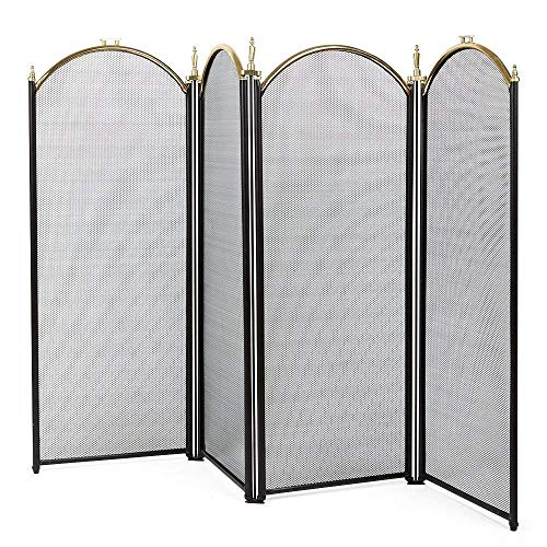 Load image into Gallery viewer, Amagabeli Large Gold Fireplace Screen 4 Panel Ornate Wrought Iron Black Metal Fire Place Standing Gate Decorative Mesh Solid Baby Safe Proof Fence Steel Spark Guard Cover Outdoor Tools Accessories