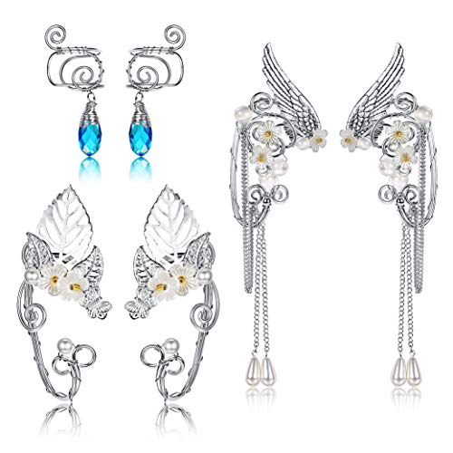 Udalyn 3 Pairs Elf Ear Cuffs Wing Earring Handmade Clip-On Earrings For Cosplay Elven Cuff Wrap Earrings Pearl Wing Tassel Filigree Fantasy Fairy Halloween Masquerade Earrings for Women