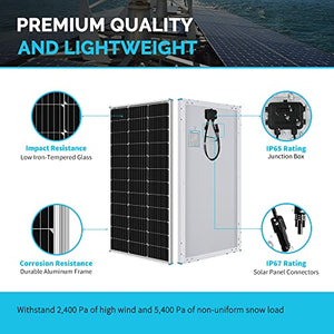 Renogy 12 Volt Solar Panel 100 Watt High-Efficiency Monocrystalline Module PV Charger for RV Battery Boat Caravan and Other Off-Grid Applications, Single, RNG-100D-SS