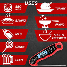 Load image into Gallery viewer, KULUNER TP-01 Waterproof Digital Instant Read Meat Thermometer with 4.6” Folding Probe Backlight &amp; Calibration Function for Cooking Food Candy, BBQ Grill, Liquids,Beef（Red）
