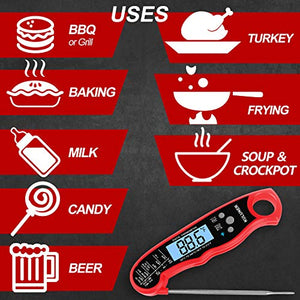 KULUNER TP-01 Waterproof Digital Instant Read Meat Thermometer with 4.6” Folding Probe Backlight & Calibration Function for Cooking Food Candy, BBQ Grill, Liquids,Beef（Red）