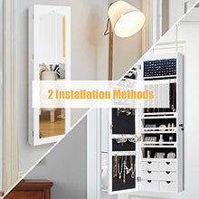 Load image into Gallery viewer, CHARMAID 5 LEDs Mirror Jewelry Armoire Wall Door Mounted, Lockable Jewelry Cabinet with 6 Drawers and Full Length Mirror, Large Capacity Jewelry Organizer Storage Jewelry Box with Drawers (White)
