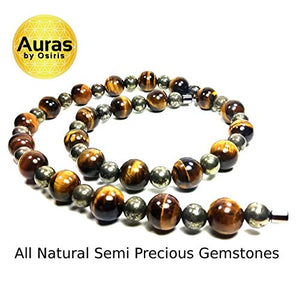 Auras By Osiris Tigers Eye Necklace for Men - Pyrite Necklace - Huge Beaded Necklace - African Neckless for Men - Protection Stones - Crystal Necklace - Easy Lock Clasp