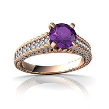 Load image into Gallery viewer, 14kt Rose Gold Amethyst and Diamond 6mm Round Antiqu Style Ring - Size 9
