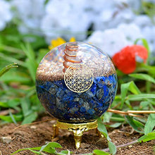 Load image into Gallery viewer, Orgonite Crystal Lapis Lazuli Ball with Holder – Third Eye Chakra Crystal with Flower of Life Enhances Decision Making and Promotes Friendship, Honesty, Compassion and Integrity
