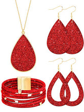 Load image into Gallery viewer, 4 Pieces Women's Glitter Jewelry Set Bridal Wedding Multi-Layer Bracelet Faux Leather Dangle Earrings Necklace (Red)
