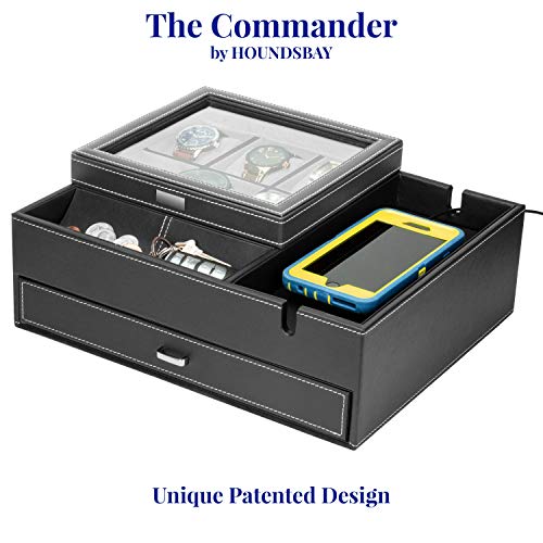 Load image into Gallery viewer, HOUNDSBAY Commander Dresser Valet Watch Box Case & Mens Jewelry Box Organizer with Smartphone Charging Station (Black/Gray)
