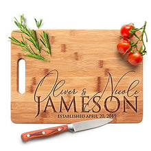 Load image into Gallery viewer, Personalized Cutting Board - 9 Designs |6" x 9"| Bamboo Cutting Board - Wedding Gifts for the Couple, Housewarming Gifts, Anniversary Gift, Grandma Gifts, Engraved Kitchen Sign &amp; Decor - Handle
