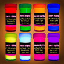 Load image into Gallery viewer, Fabric &amp; Textile UV Paint Set | Set of 8 Neon Black Light Glow Paints | Fluorescent Clothing Colors | Glowing Fabric Paints
