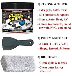 Flex Seal Black Flex Paste 1lb - Leak Repair Bundle with Putty Knife Set + Daley Mint Cleaning Towel | Quickly Fills Gaps, Holes, Cracks