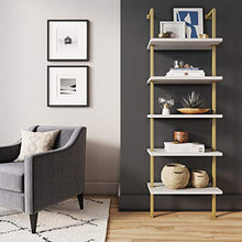 Load image into Gallery viewer, Nathan James Theo 5-Shelf Modern Bookcase, Open Wall Mount Ladder Bookshelf with Industrial Metal Frame, White/Gold
