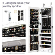 Load image into Gallery viewer, Giantex Wall Door Jewelry Armoire Cabinet with Full-Length Mirror, 2 LEDs Lockable Large Storage Jewelry Organizer with Wide Mirror, Makeup Pouch, Bracelet Rod, Jewelry Amoires w/ 2 Drawers (White)
