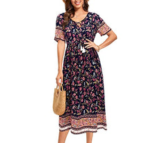 Load image into Gallery viewer, Arach&amp;Cloz Women's Boho Tie Neck Printed Short Sleeve Floral Summer Loose Tassels Casual Midi Dress with Pockets (Floral03,XL)
