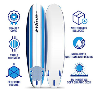Wavestorm - Classic Soft Top Foam 7ft Surfboard Surfboard for Beginners and All Surfing Levels Complete Set Includes Leash and Multiple Fins Heat Laminated, Blue Pinline (AZ22-WSSF700-PIN)