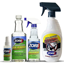 Load image into Gallery viewer, ZORBX Quick Action Odor Remover Bundle - Includes Unscented Multipurpose Odor Remover Value Pack (2Oz +16Oz +32Oz) &amp; Skunk Odor Remover Spray (24 Oz)

