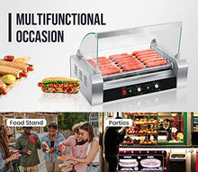 Load image into Gallery viewer, SYBO Hot Dog Roller, 18 Hot Dog 7 Roller Grill Cooker Machine with Removable Stainless Steel Drip Tray and Glass Hood Cover, 1000-Watts, OT-R3-8
