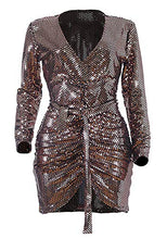 Load image into Gallery viewer, Women's Sequins Glitter Bodycon Dress - Sexy Deep V Neck Long Sleeve Party Mini Dress Clubwear Large Golden
