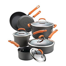 Load image into Gallery viewer, Rachael Ray Brights Hard-Anodized Aluminum Nonstick Cookware Set with Glass Lids, 10-Piece Pot and Pan Set, Gray with Orange Handles
