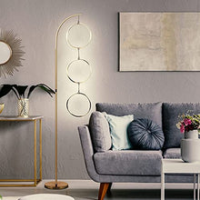 Load image into Gallery viewer, Brightech Nova Modern Floor Lamp - Contemporary Arc Tall Lamp with 3-Circle Ring-Style Pendant - Over The Couch Standing Lamp on Arching Pole - Eclectic Tall Lamp Matches Living Room Décor - Gold
